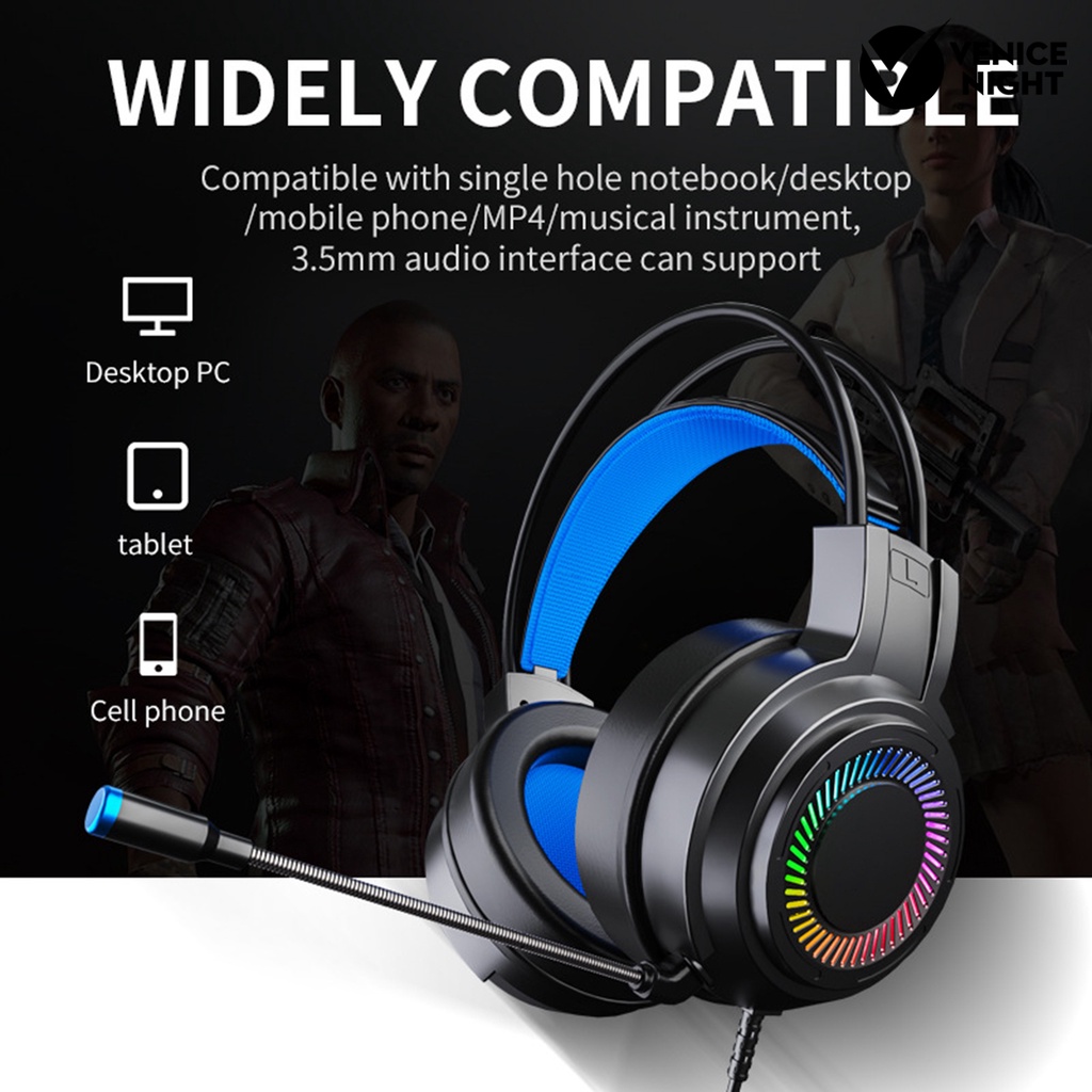 (VNEP) (Berkabel) G60 Headphone Bass Colorful Lights 3.5mm 7.1 Surround Sound Gaming Headset dengan Mic untuk Gamer