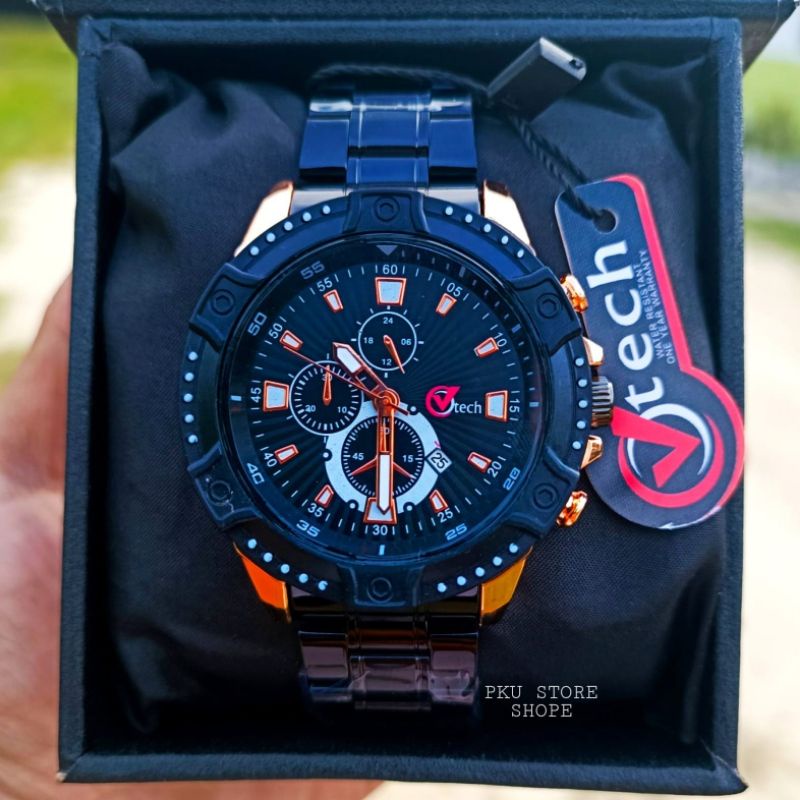 Jam Tangan Pria  V Tech Strap Rantai Stainlees Steel | Tanggal Aktif Anti Air | Free Batrai Cadangan Jam Tangan Kasual Pria Import  Bestseller | Jam Tangan Kasual Pria Sporty Quart Analog Realpick