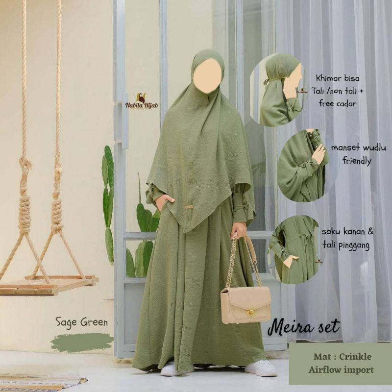 [READY] Meira Gamis Set By Nabila Hijab | Khimar Non Ped & Ped Busa Antem | Gamis Set Crinkle Airflo