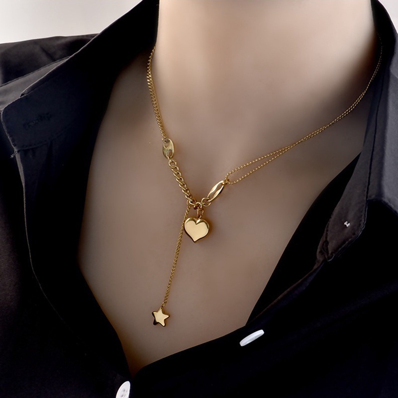 Fancyqube Kalung Rantai Panjang Liontin Hati Dan Bintang Untuk Wanita