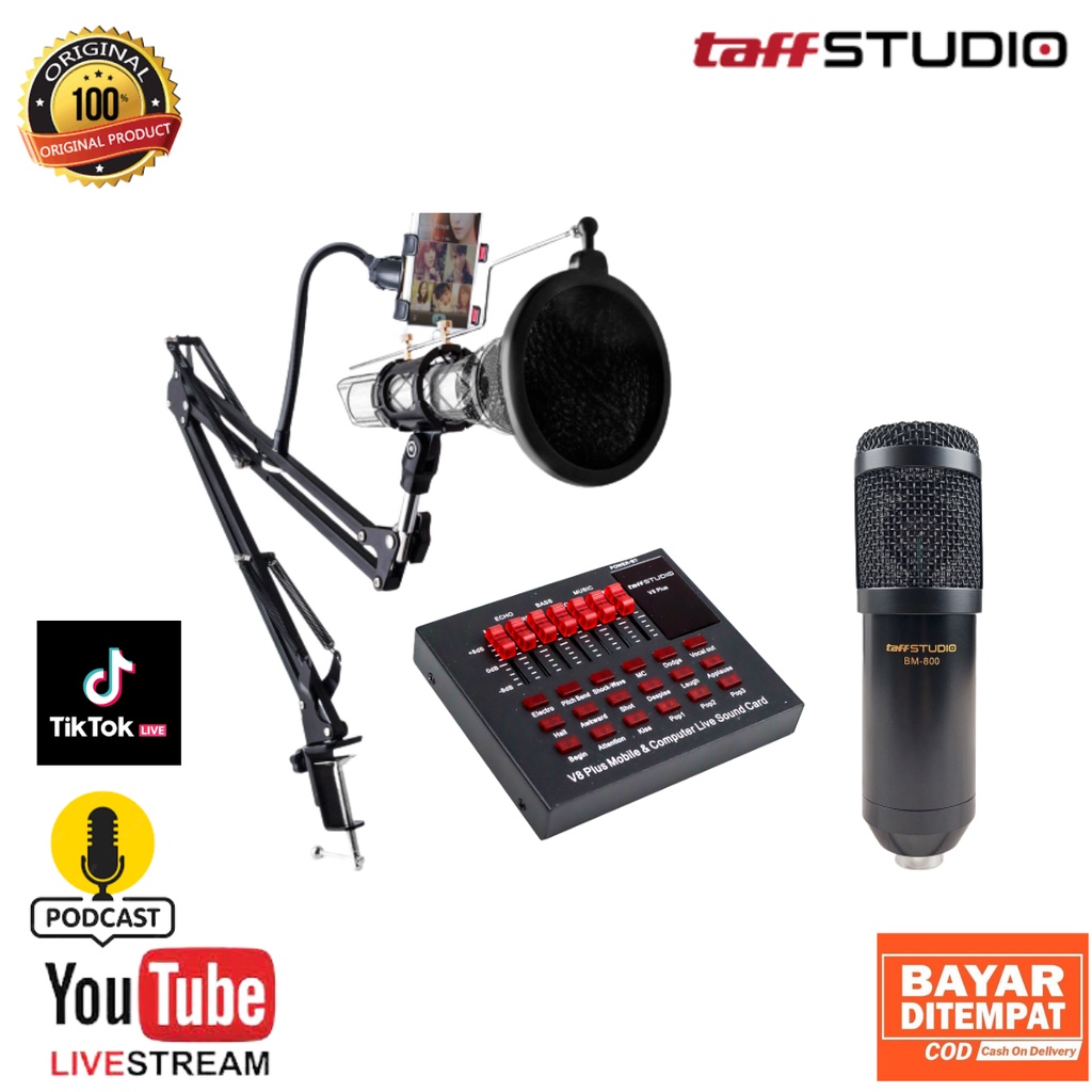 Paket Lengkap Mic BM 800 Soundcard Taffstudio V8 / V8S With Holder Handphone Spesial Karaoke Online 