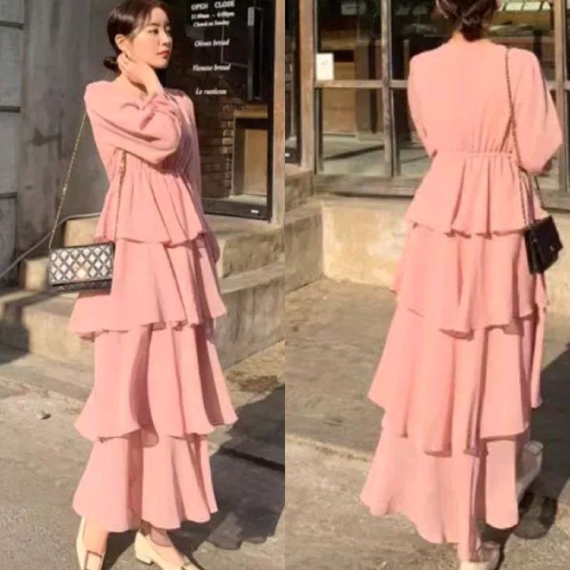 63310 Baju Maxidress longdress TIERED SUSUN LAYER dres tingkat Korea Korean style pink hitam putih p