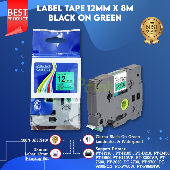 Compatible Label Tape Laminated TZE-731 12mm X 8m Black On Green Cassette Printer Bro PT-H110 PT-D210 PT-D450 PT-E110VP PT-E300VP PT-P950NW