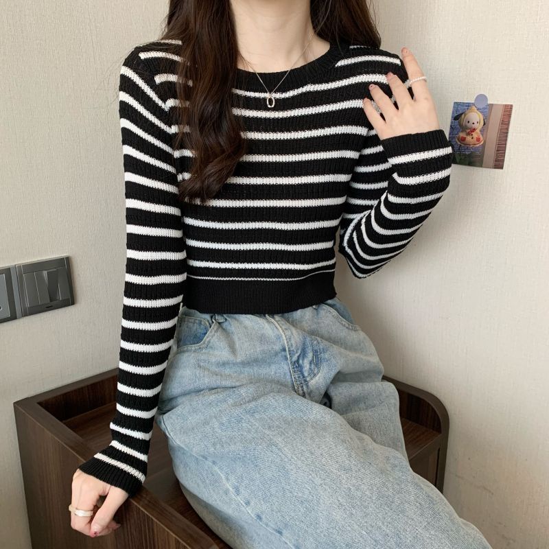 Rajutan sweater top wanita rasa desain slim musim gugur fashion bergaris temperamen lengan panjang malas sweater bottoming bagian dalam