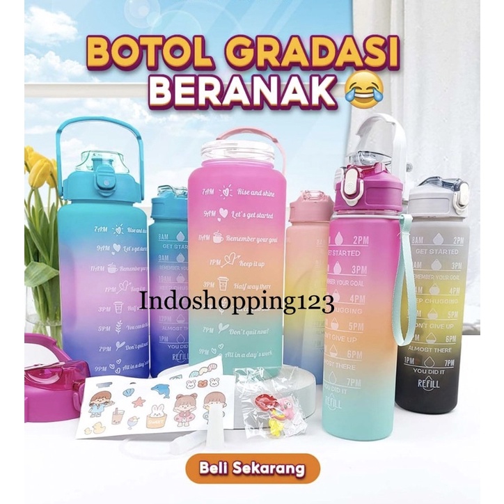 PROMO - New Botol Minum Gradasi 2000ML &amp; 900ML - Botol Viral Penanda Waktu 1set - Botol Sport Free Sedotan Stiker 2D &amp; 3D