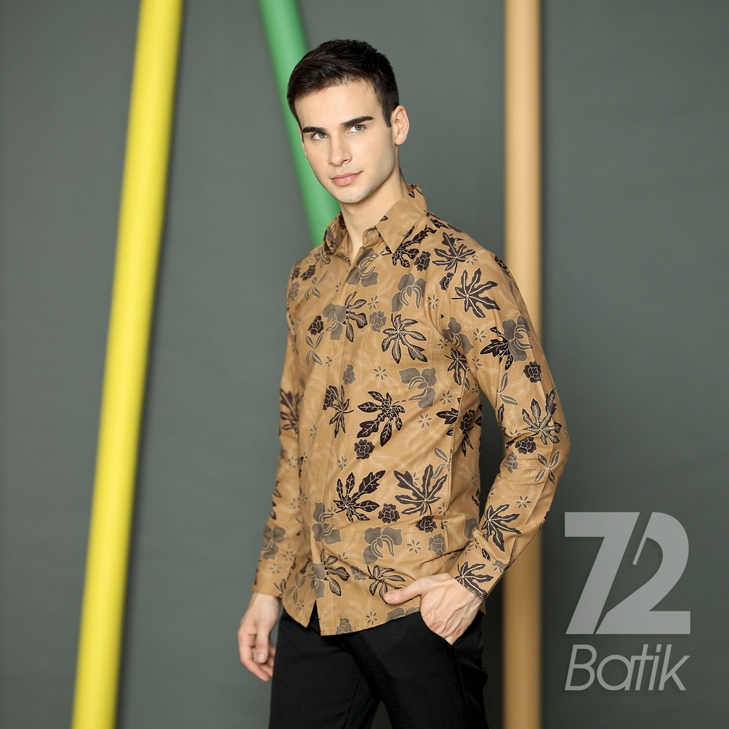 KEMEJA BATIK PRIA Lengan Panjang Premium Motif Daun Pepaya Coklat Choklat Cokelat 723129 Cap 72 - Baju Kemeja Atasan Pakaian Setelan Batik Pria Cowok Laki Laki Remaja Keluarga Kantor Lengan Panjang Modern Slimfit Slim Fit Premium Kekinian