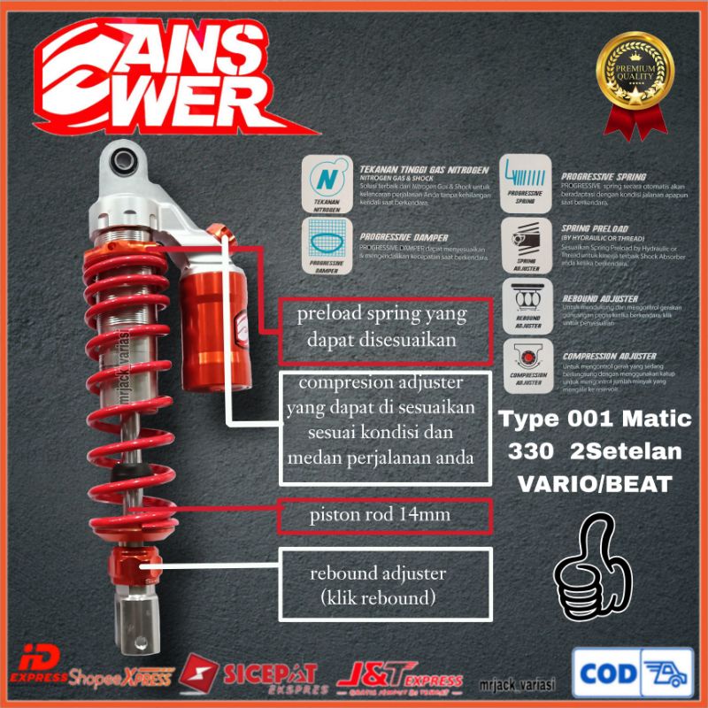 Shock belakang VARIO BEAT Type 011 Matic 330 merk Answer 2setelan Fungsi Klik rebound & Klik adjust 