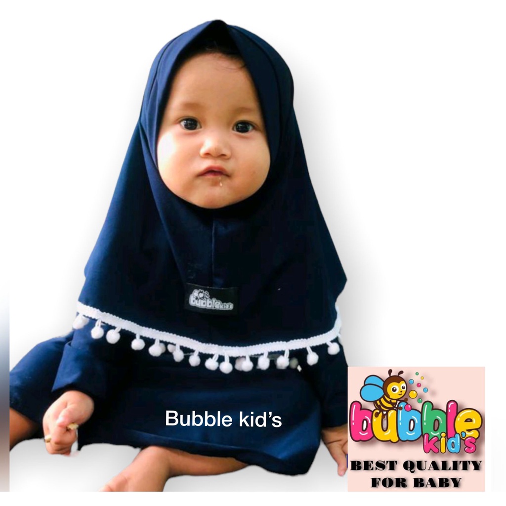 Gamis Hijab Bayi Renda Pom-Pom Pakaian Anak Balita Perempuan Katun Polos Gemoy Navy