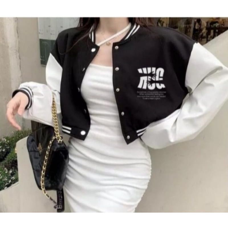 Jaket Wanita Oversize Crop BASEBALL | jaket Wanita Style Korean | Bahan Fleece Tebal | Jacket Bomber