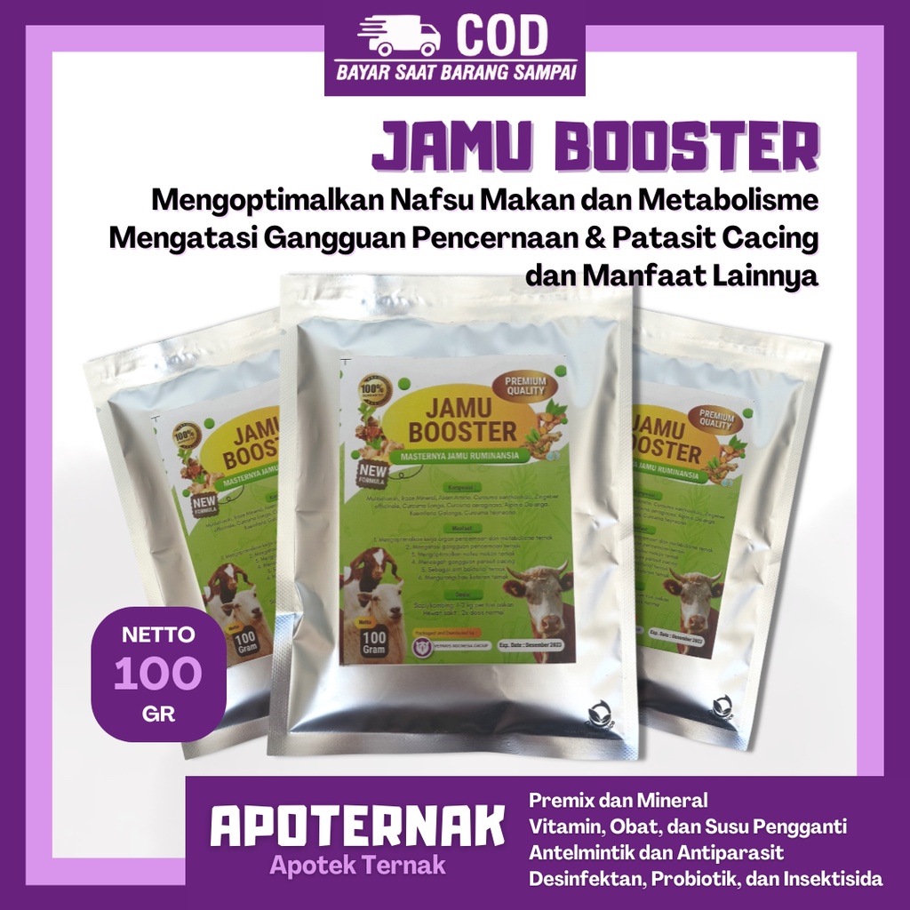 JAMU BOOSTER 100 gr - Jamu Sapi 100 gr - Jamu Kambing 100 gr - Jamu Herbal Penambah Nafsu Makan Ternak Sapi Kambing Domba | Apoternak