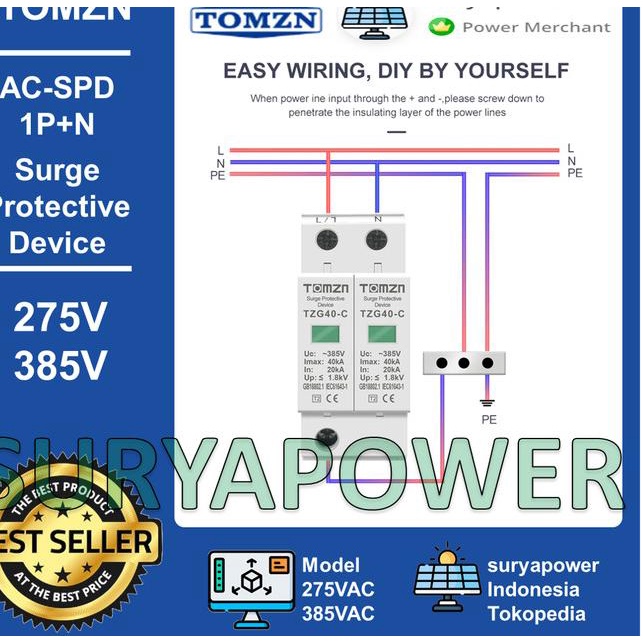 SPD AC - 1P+N - 275V 385V - SURGE PROTECTIVE DEVICE AC - TOMZN - TZG40 - 275V-10KA-KUNIN