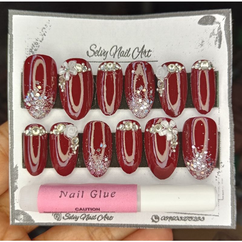 Kuku Palsu Wedding / Kuku Palsu merah maroon / Kupal wedding 3D / Kupal merah maroon