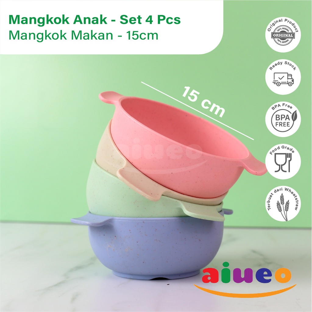 AIUEO | Set 4 Pcs Mangkok Anak Sereal 11.5cm Wheat Straw Mangkuk Makan Wheatstraw Microwave Warna Warni Aesthetic Estetik Plastik