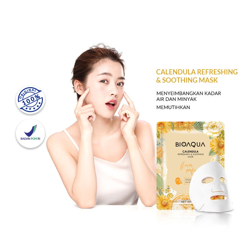 BIOAQUA Bio Aqua Sheet Mask Masker Wajah Flowers Series 28g Hydrating Essence Face Mask Brightening dan Anti Acne - Calendula