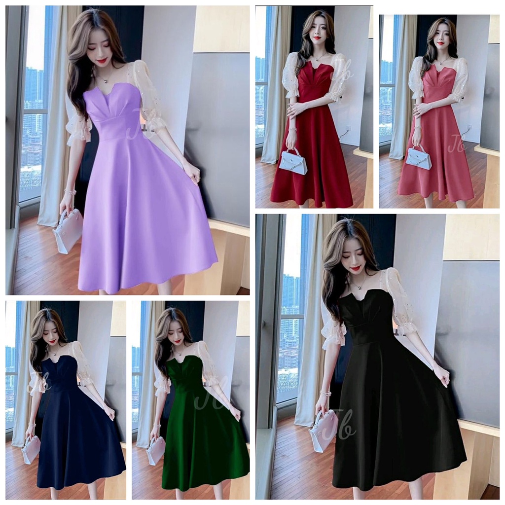 Dress Wanita Casual Dress Brukat Gliter Party Dress Gaun Kondangan Mewah Terbaru Baju Pesta Cantik R
