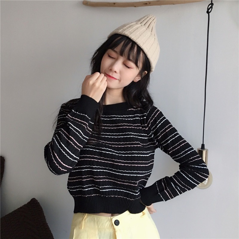 Crewneck Wanita Atasan Rajut Lengan Panjang Stripe Casueal Top Terbaru