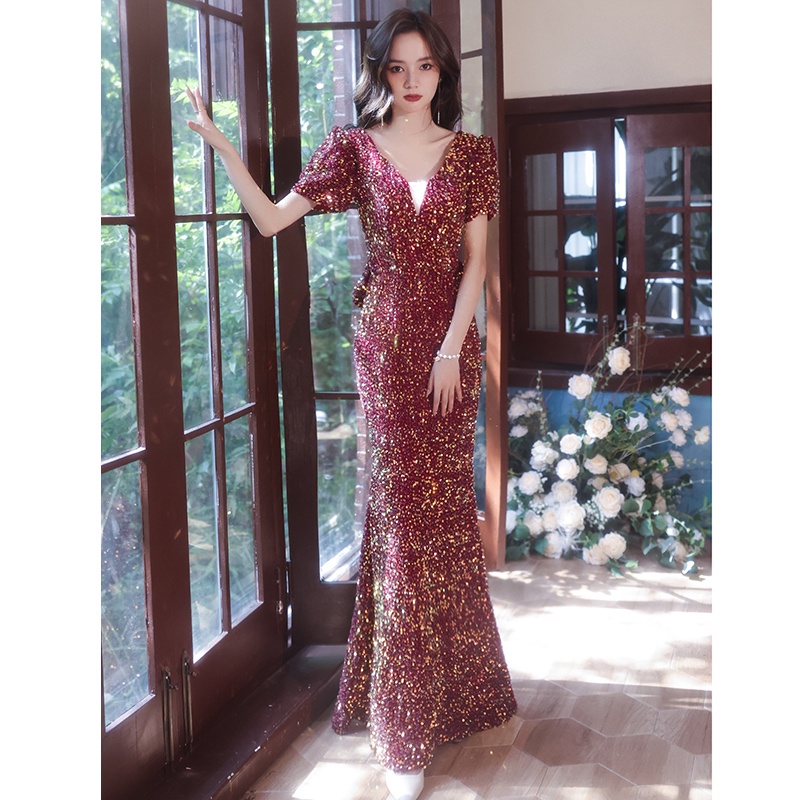 Anggur Merah Fishtail Gaun Malam Ringan Mewah Niche High-End Berpayet Gaun Merah Wanita Perjamuan Te