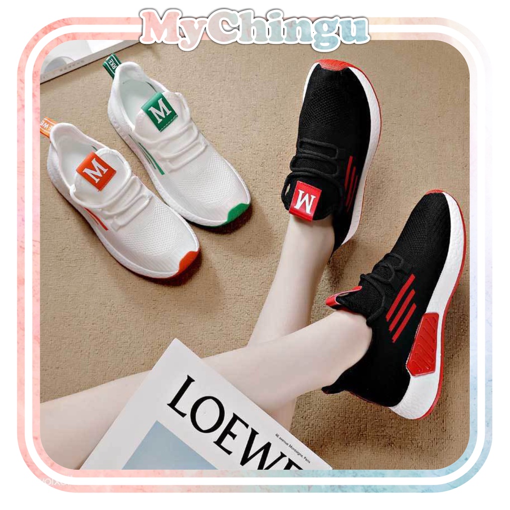 ❀ Chingu ❀ SEP016 (Tanpa Kotak) Sepatu Sneakers Wanita Motif M Ada 3Garis Ungu Sporty Model Korea Fashion Casual Sport Olahraga Import
