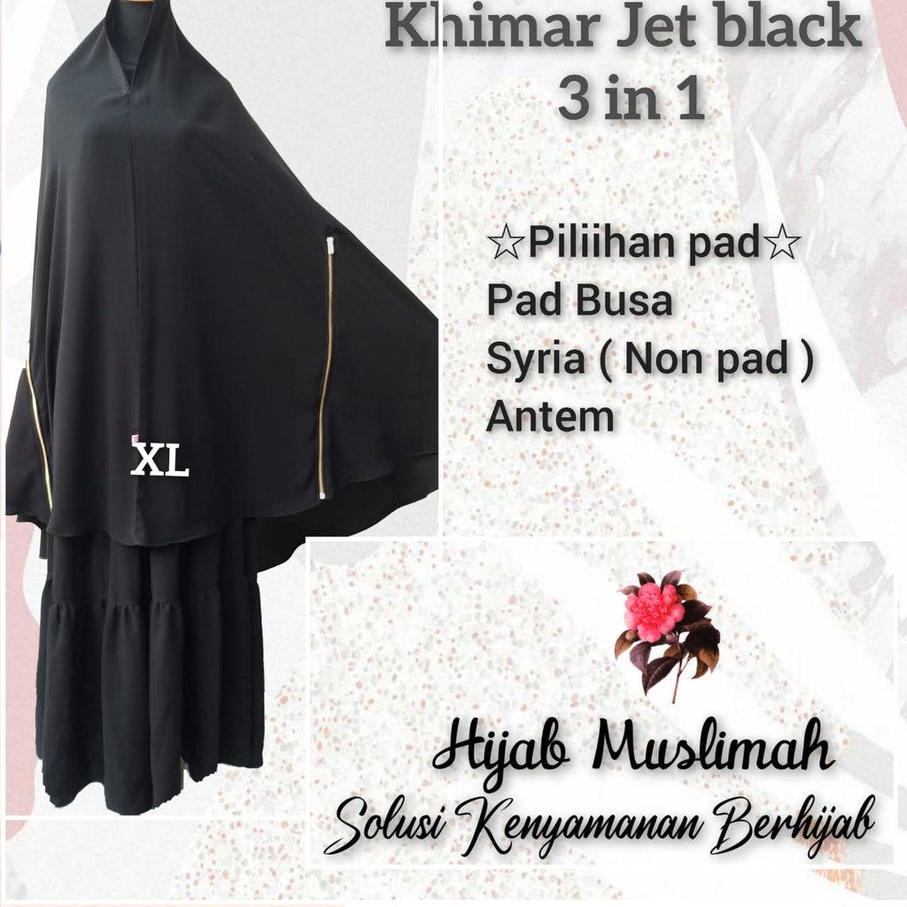 JILBAB KHIMAR JET BLACK SIZE XL MODEL ZIPPER 3 IN 1 DAN KLASIK ELEGAN - HIJAB MUSLIMAH - JILIBAB MUS