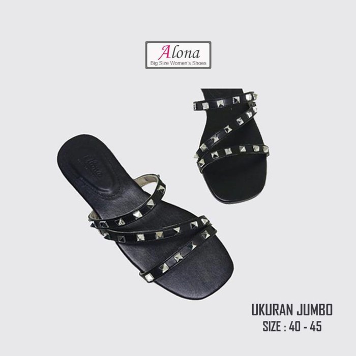 ORIGINAL Aln-142 Sandal Wanita Ukuran Jumbo | Besar | Flat Big Size 40-45 - Black, 44