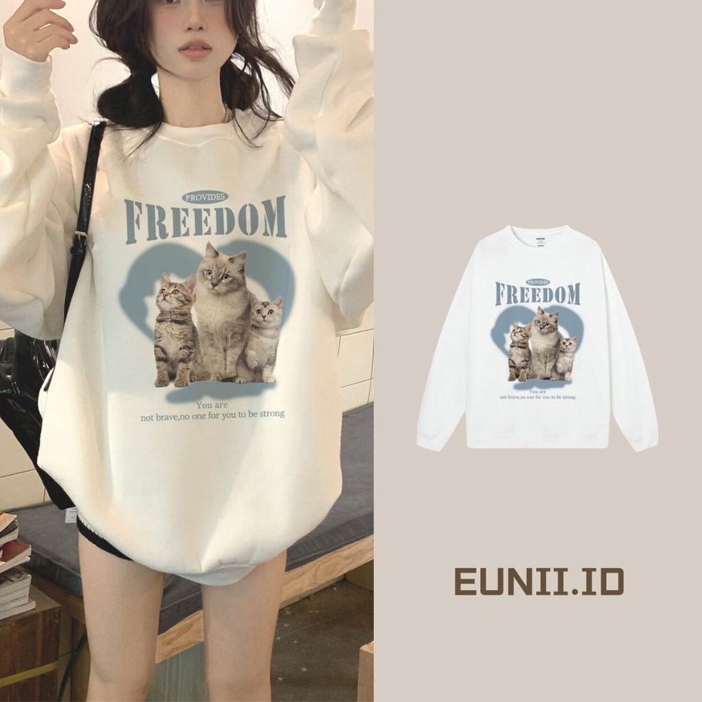 EUNII Sweater Lengan Panjang Cute Three Cats Korean Style/Hoodie Oversize/Baju Wanita/Switer Wanita