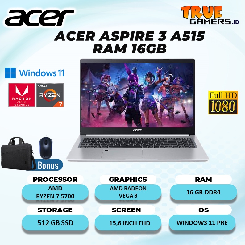 LAPTOP ACER ASPIRE 3 A515 RYZEN 7 5700 16GB 512SSD VEGA8 W11PRE 15.6FHD