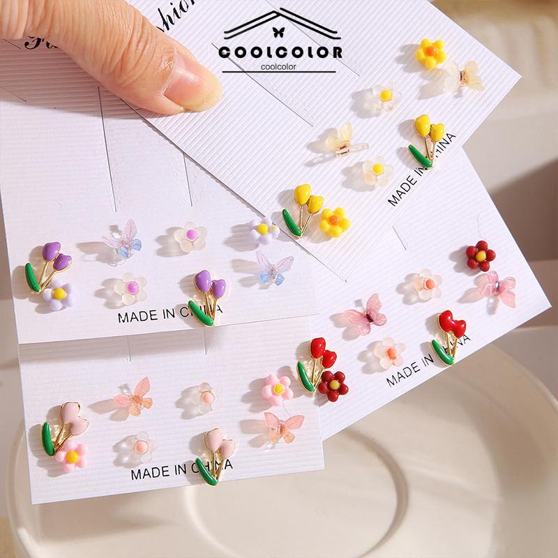 COD❤️4 Sepasang /Set Anting Bunga Kecil korea anting Tusuk Retro Sederhana Gaya Stud Flower Earrings Vintage Fashion Impor Murah Aksesoris Wanita