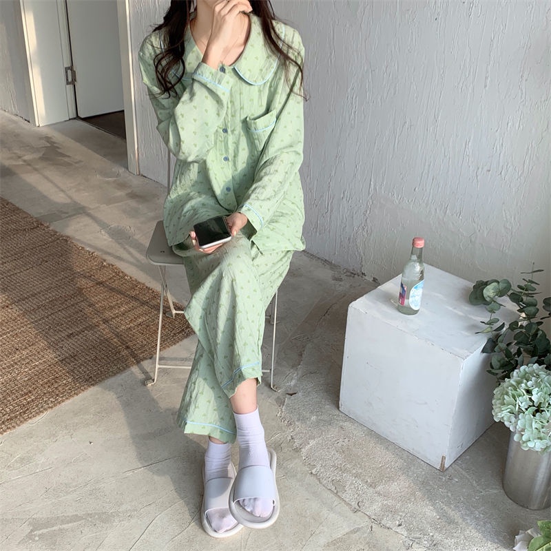 ins green love piyama wanita musim gugur dan musim dingin sweet doll collar striped plaid print stud