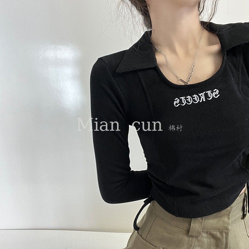 Desain hot girl style huruf bordir sisi serut terkena pusar lengan panjang T-shirt musim semi dan musim gugur baru slim in top wanita