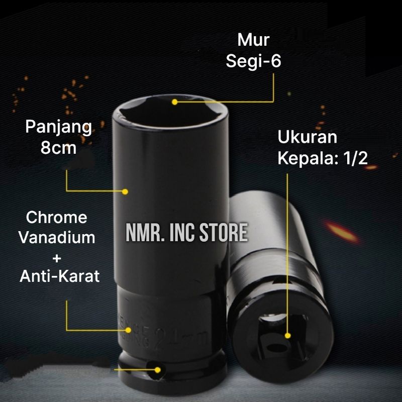 Mata Kunci Shock Impact Set 10pcs Drive 1/2, Sok, Socket, Deep Wall Panjang, Chrome Vanadium, 8 10 12 13 14 15 17 19 21 24 mm.