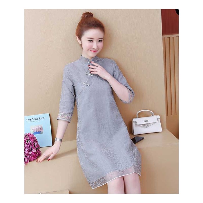 dress wanita cheongsam abu abu tua motif cantik Korea lengan sedang