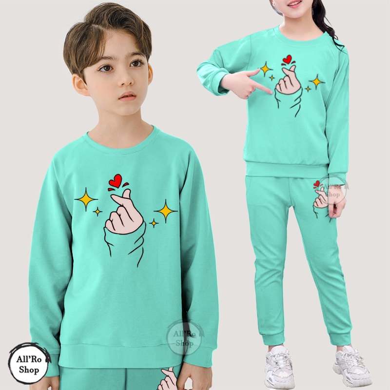 BISA COD Baju Setelan Olahraga Anak Pakaian Senam Training Lengan Panjang Celana Panjang Motif Saranghaeyo Usia 5 sampai 13 tahun ARS 11