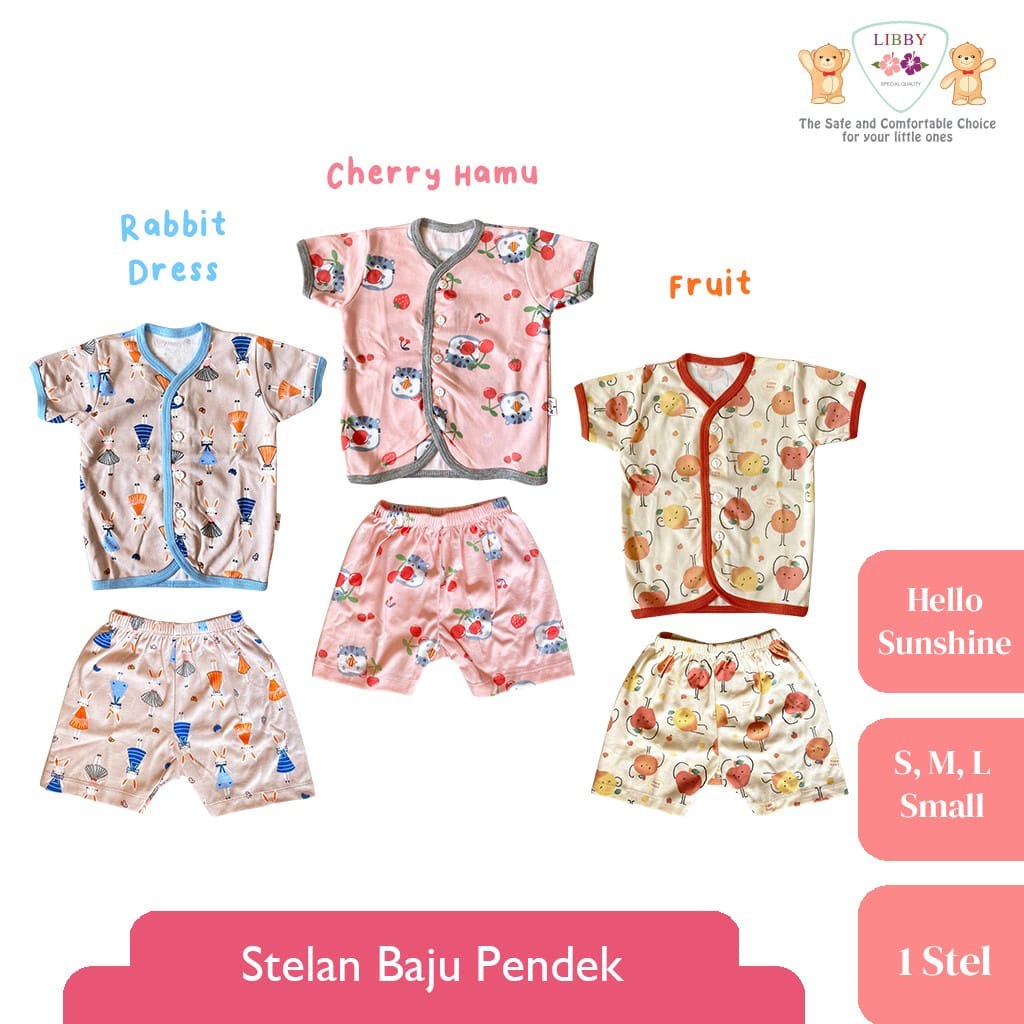 LIBBY Setelan Baju Pendek Kancing Depan Motif Hello Sunshine