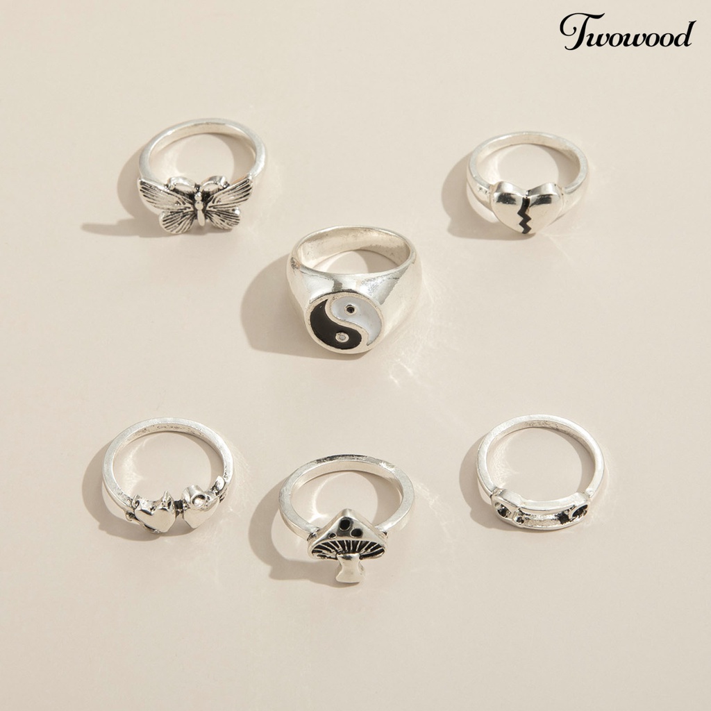 6pcs / Set Cincin Desain Kupu-Kupu Bahan Alloy Gaya Retro Stackable Untuk Aksesoris Perhiasan