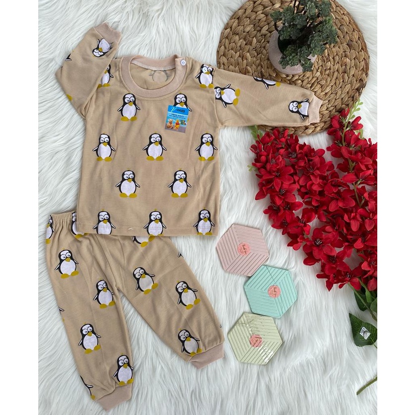 baju bayi lucu murah motif pinguin FULLPRINT setelan 3-18 bulan