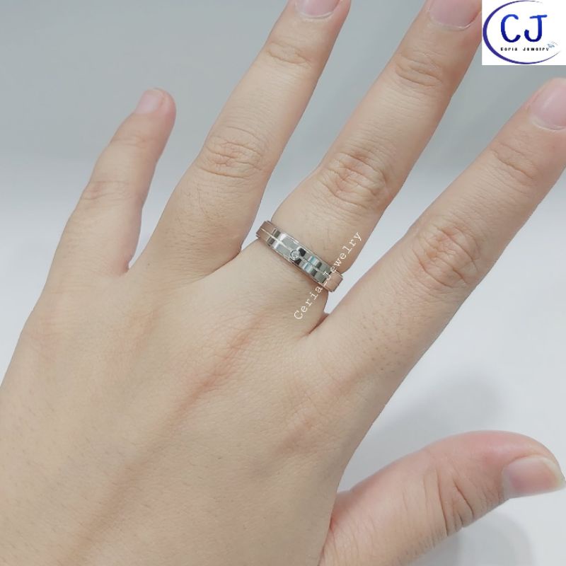 Cincin Perak Asli Pria Wanita Silver 925 Lapis Emas Putih Model Ring Polos Variasi Garis tengah Permata - Perhiasan Perak Pria Wanita Cincin Pasangan