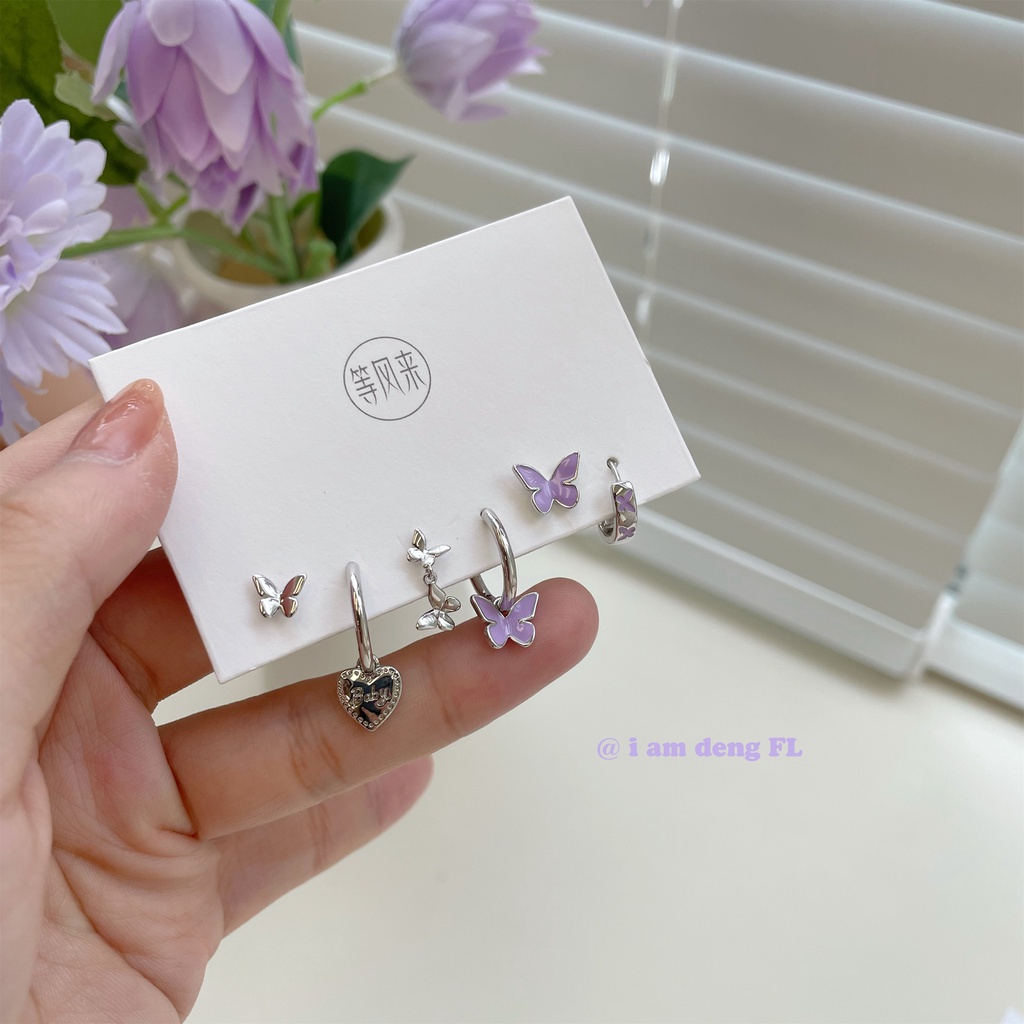 YEEZII Set Anting Hoop Desain Bunga Tulip Kupu-Kupu Ungu Bahan S925 Silver Untuk Wanita