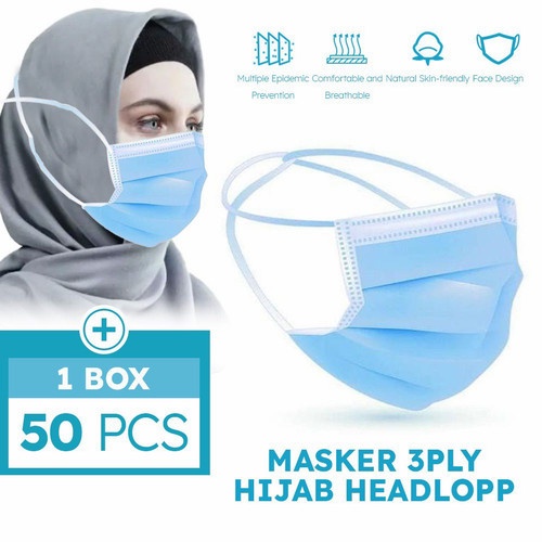 Masker Hijab Headloop 3Ply 1BOX Isi 50Pcs Masker Hijab Medis Warna Biru