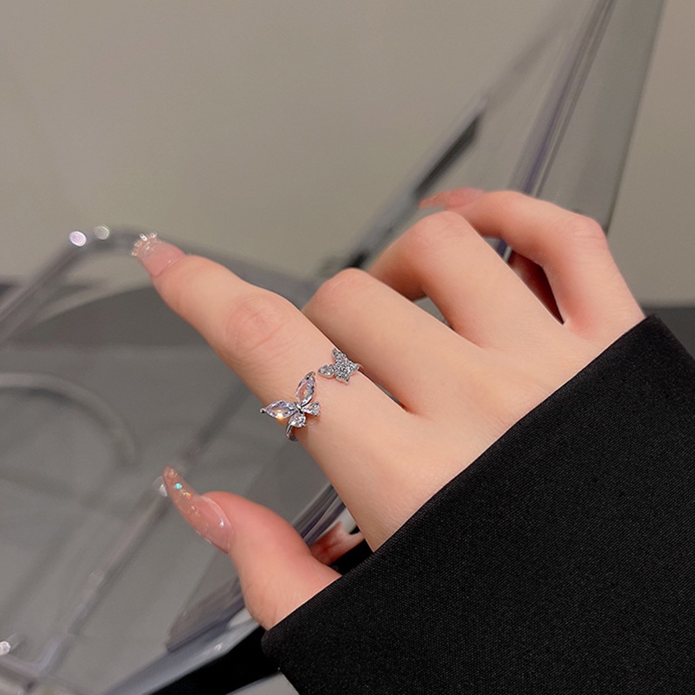 Cincin Sterling Silver S925 Bentuk Kupu-Kupu Aksen Zircon Berlian Imitasi Gaya Korea Untuk Wanita