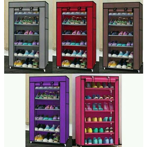 Rak Sepatu Susun Rak Sendal 7 Tingkat Rangka Besi Shoe Rack Dust Cover - Abu-abu