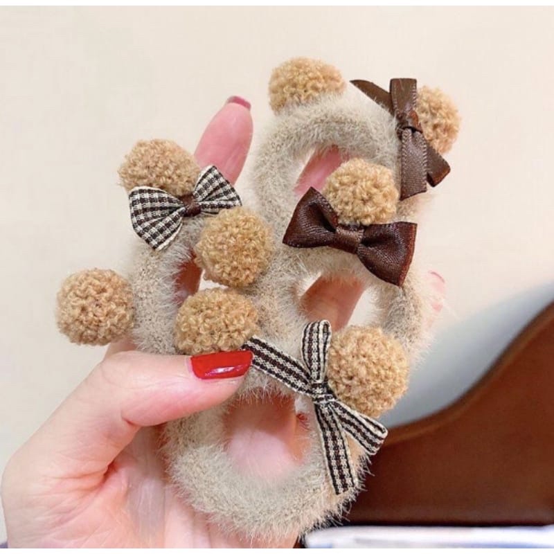 Ikat Rambut Scrunchie Korea Ikat Rambut Korea Ikat Rambut Lucu Motif pom pom bulu Bear Pita Ikat Rambut Anak