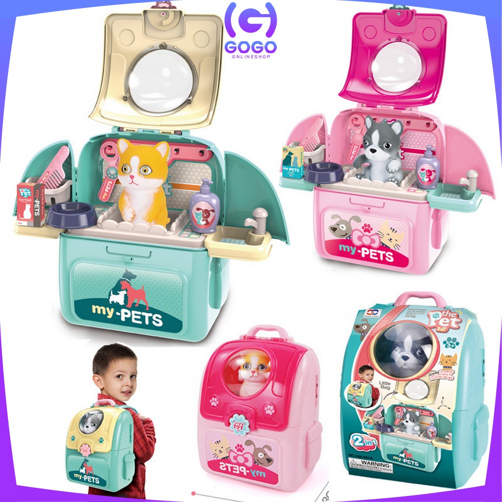 GOGO-M292-M293 Mainan Koper Backpack Set Maenan Anak Tas Ransel Pet Simulasi Kucing dan Anjing Make Up Set Pet Back Pack