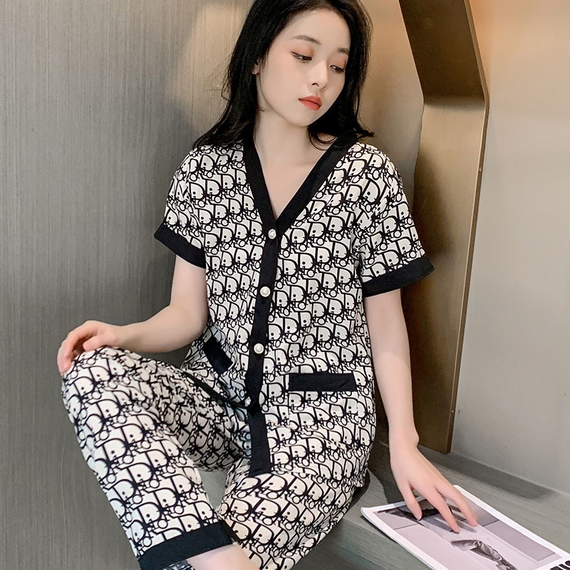 TELLY ➡️ 341set baju tidur Baru musim panas es sutra piyama wanita atasan lengan pendek + celana setelan homewear