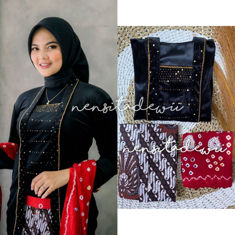 [1 Set, LHT03] Kebaya Payet, Jarik Instan + Selendang Jumputan / Model Pramudita