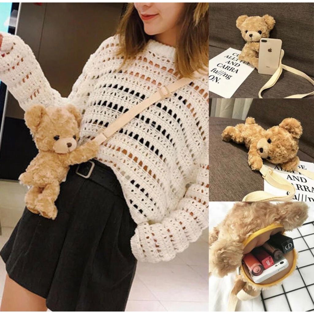 Turun Harga Tas Salempamg Virall Wanita Lucu - Tas Boneka Teddy Bear Tas Anak sampai dewasa Bahan Bulu  BISA COD