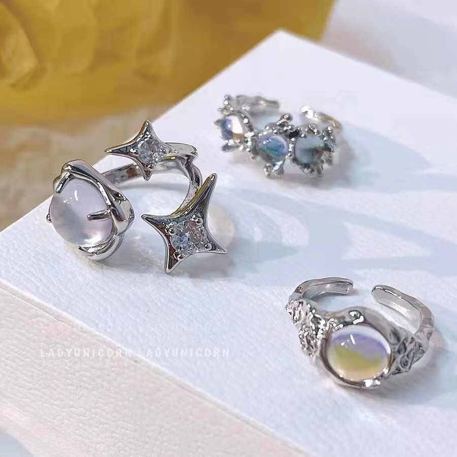 3pcs / Set Cincin Silver Model Terbuka Hias Kristal Opal Untuk Wanita