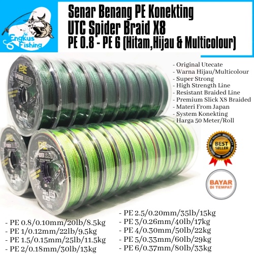 Senar Benang PE UTC Spider Braid X8 Braid (PE 0.8 - PE 6) 50M/Roll Konekting Super Strong - Engkus Fishing