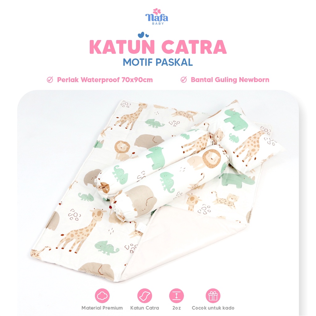 BEDCOVER ANTI OMPOL LENGKAP DENGAN BANTAL GULING / PERLAK BAYI WATERPROOF / MATRAS ANTI AIR MOTIF LUCU / PAKET HAPPY BY NAFA BABY