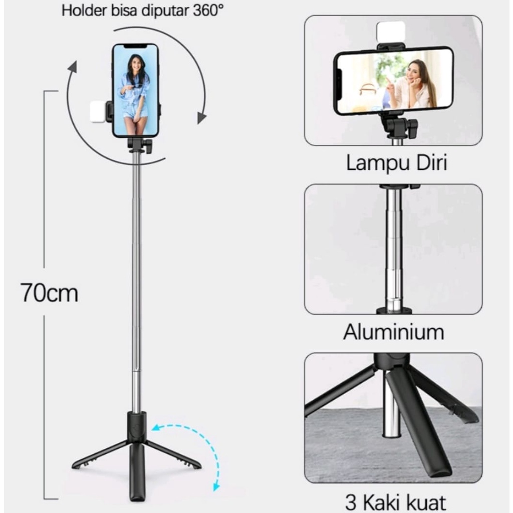 Tripod Tongsis R1s-LED 3IN1 Bluetooth Wireless With Remote Control Selfie Stick 360