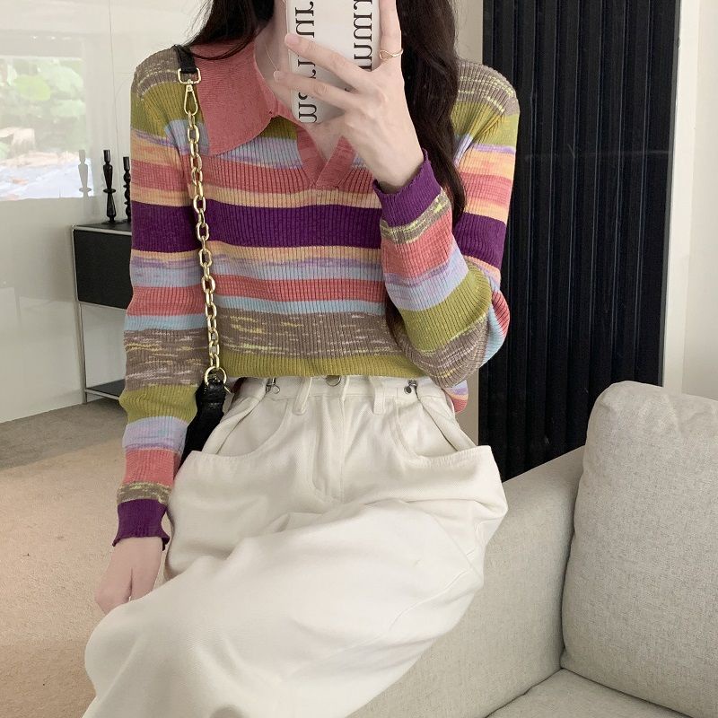 YIU YIU Rajut - Baju Rajut Wanita Kaos Lengan Panjang Stripe Sweater Terbaru Korean Style